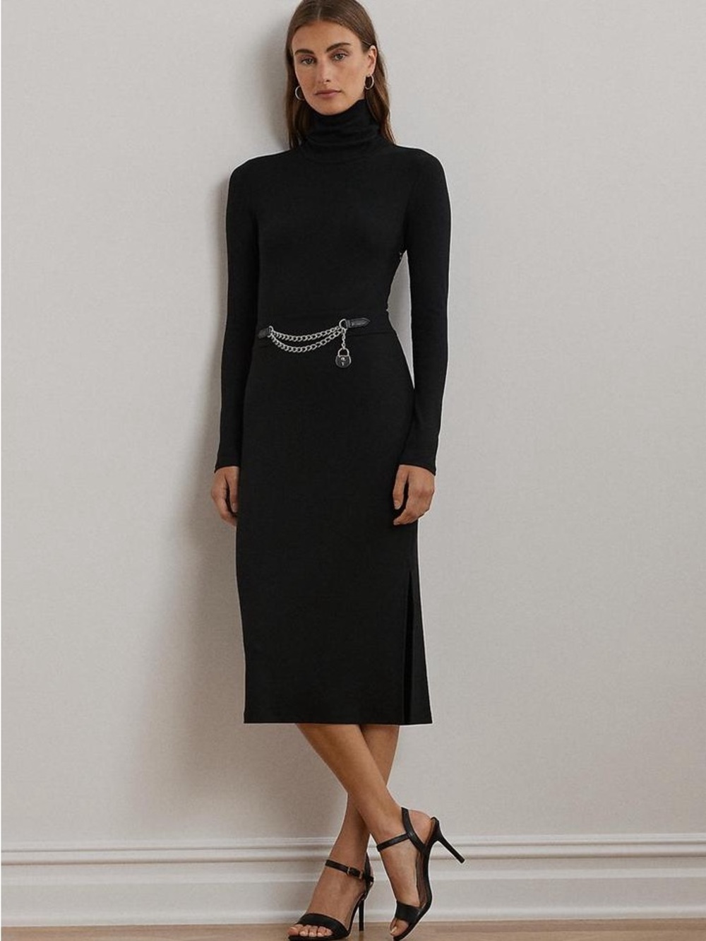 Lauren Ralph Lauren Women's Chain-Trim Rib-Knit Turtleneck Dress In Black 12